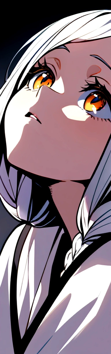 best quality, masterpiece,white hair, gold eyes,white clothes, looking up, upper body,hair strand,Fair skin,side braids