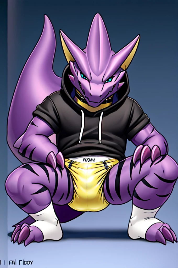  A dark purple femboy Kaiju wearing a black sweatshirt and a blue diaper and white socks with black stripes and a gold dog collar on his neck and with bracelets on his arms and crawling 