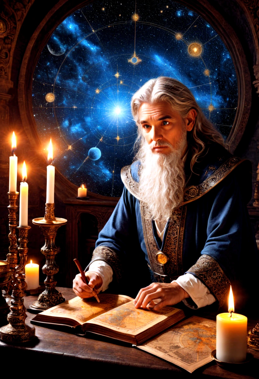 1boy, Astrologer, MAGIC: Ancient WIZARD reading a Map of the Constellations, telescope, candles, on a table, Epic cinematic brilliant stunning intricate meticulously detailed dramatic atmospheric maximalist digital matte painting, masterpiece, best quality, very aesthetic, absurdres