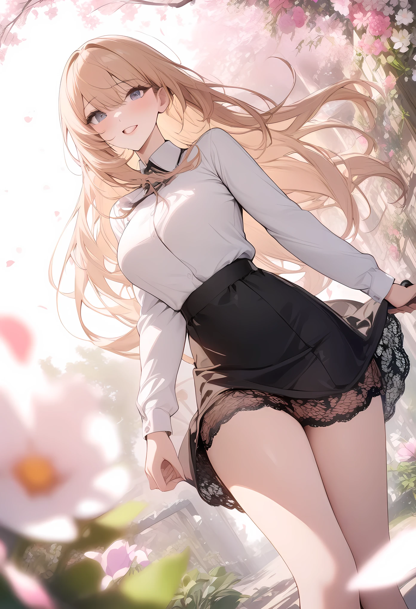 masterpiece, best quality, very aesthetic, absurdres, 1girl, ,lace_skirt,surrounding by flowers,falling_petals, outdoors, petals,,,blur background,background defocus,