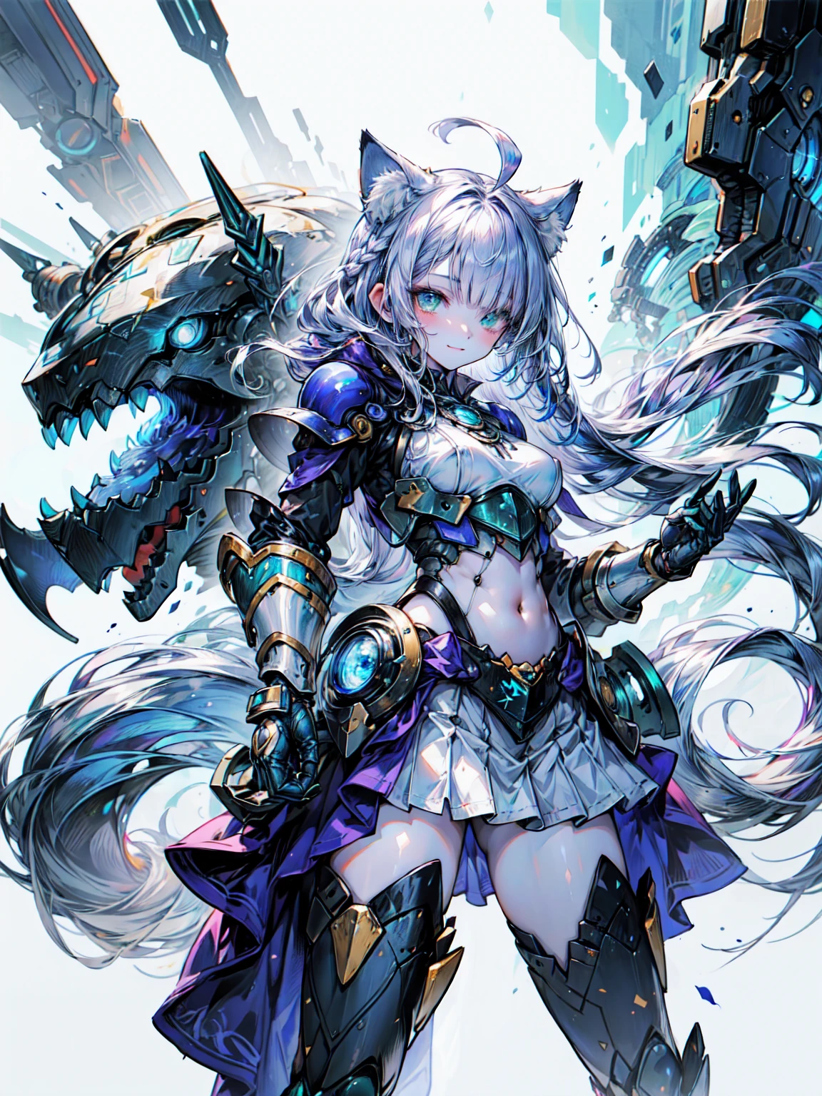 Cat ear, puppet, Green Eyes, Pale skin, Light purple hair, Long Hair, Blunt bangs, Braiding、, Paladin、Long Hair、Blunt bangs、Green Eyes、3本のBraiding 1束、(Blue Armor、Blue Boots、Blue Helmet、Jeweled、Gold embroidery)、thin、Long skirt、Cowboy Shot、Organic Armor Cyborg、Machine Armor、Armor Texture、Blake、非常にdetailed (Dark Elf), (1 Girl), alone, Perfect Face, detailed, Ahoge, ((Long Hair:1.2)), (Hair above one eye:1.3), [[Messy Hair]], smile, Design Art：haruhiko mikimoto, by Kawashi, By Yoshitaka Amano