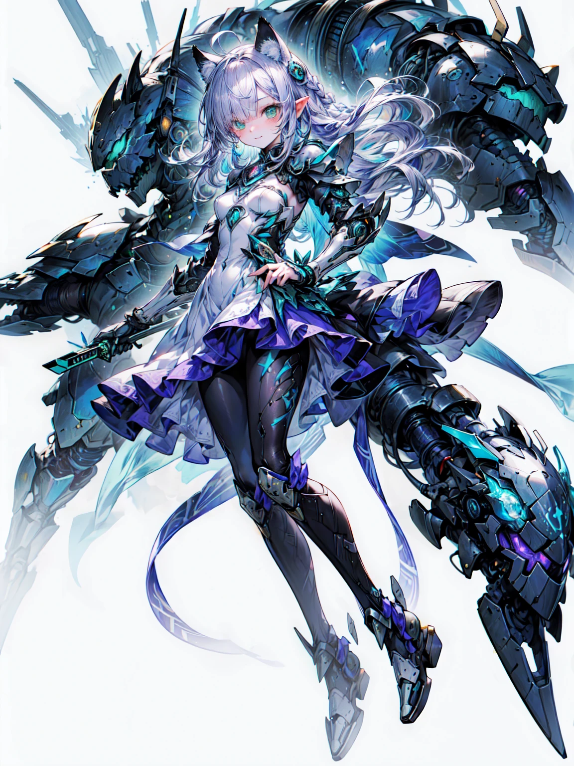 Cat ear, puppet, Green Eyes, Pale skin, Light purple hair, Long Hair, Blunt bangs, Braiding、, Paladin、Long Hair、Blunt bangs、Green Eyes、3本のBraiding 1束、(Blue Armor、Blue Boots、Blue Helmet、Jeweled、Gold embroidery)、thin、Long skirt、Cowboy Shot、Organic Armor Cyborg、Machine Armor、Armor Texture、Blake、非常にdetailed (Dark Elf), (1 Girl), alone, Perfect Face, detailed, Ahoge, ((Long Hair:1.2)), (Hair above one eye:1.3), [[Messy Hair]], smile, Design Art：haruhiko mikimoto, by Kawashi, By Yoshitaka Amano