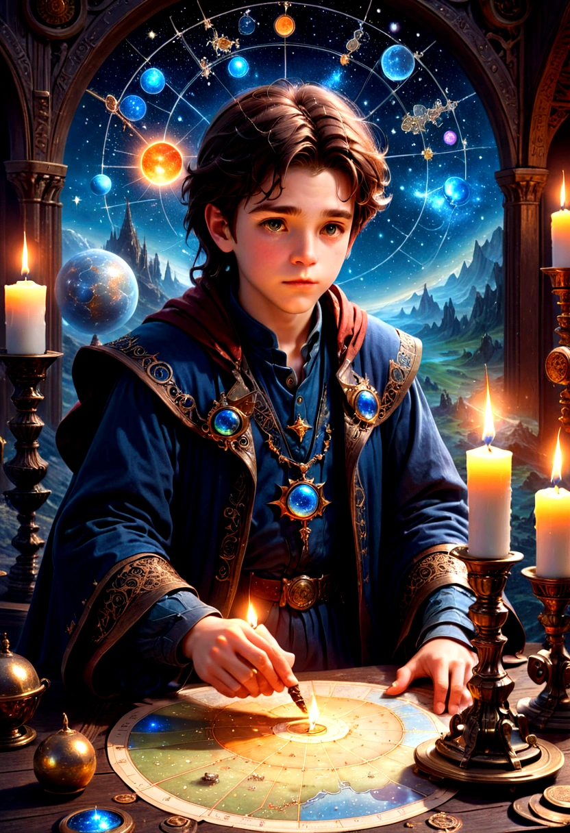 1boy, Astrologer, MAGIC: Ancient WIZARD reading a Map of the Constellations, telescope, candles, on a table, Epic cinematic brilliant stunning intricate meticulously detailed dramatic atmospheric maximalist digital matte painting, masterpiece, best quality, very aesthetic, absurdres