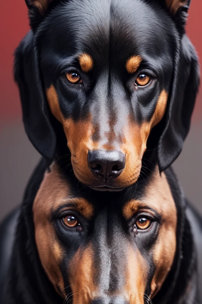 "Create an anime-style image of a female Doberman dog, with shiny black coat and soft hair. She must be wearing a fancy red collar. The image must be in 4K, with ultra resolution and ultra details. The bitch must be portrayed in a beautiful and majestic way, with an expressive look and imposing posture. Coat details, collar and facial expressions must be clear and realistic, capturing the beauty and strength of the Dobermann. The background can be simple to highlight the bitch even more."