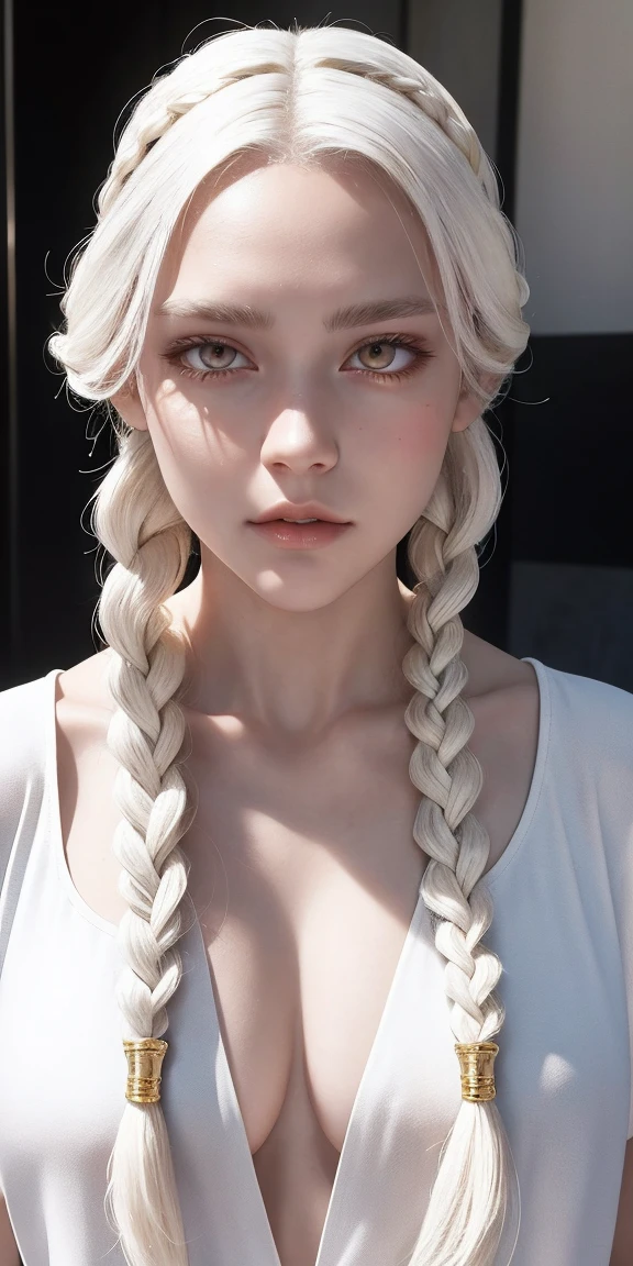 best quality, masterpiece,white hair, gold eyes,white clothes, looking up, upper body,hair strand,Fair skin,side braids