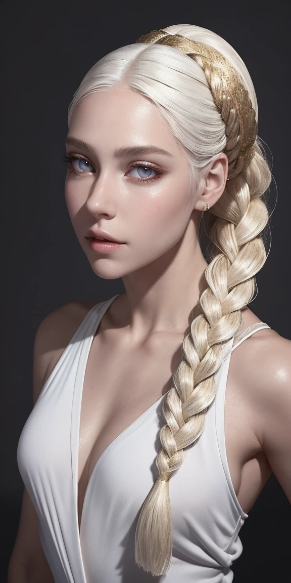 best quality, masterpiece,white hair, gold eyes,white clothes, looking up, upper body,hair strand,Fair skin,side braids