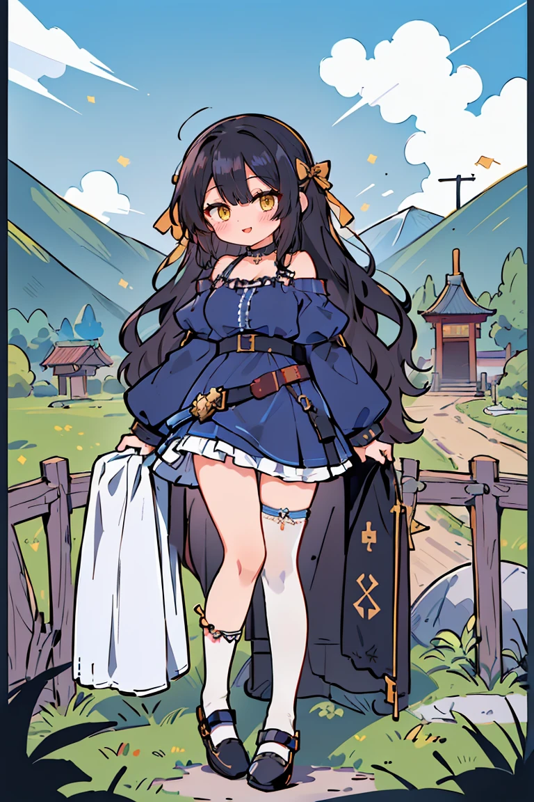 (masterpiece:1.2), (high quality:1.2), hui xiyi, rekkyo sensen, rekkyou sensen, (chibi, full body:1.45), solo focus, girls with((black hair, tits cleavage, exposed breasts, breasts close up, dress, (blue clothes:1.3), ribbon belt, off-shoulder sleeves, long sleeves, furry jacket, frills shirt, frills camisole, straps, (rosary choker, golden rosary, cross:1.05), (strap shoes, black shoes, exposed legs, exposed foots, left legwear, white legwear:1.67), (long wavy hair, one side up:1.4))), background with ((architecture, blue sky, bush, castle, village, no humans, cloud, cloudy sky, day, fence, field, garden, grass, hill, house, lamppost, landscape, mountain, mountainous horizon, nature, no humans, outdoors, scenery, shrine, sky, tower))