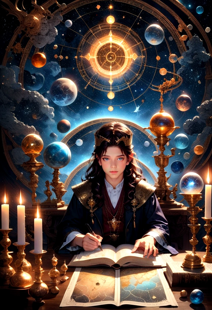 1boy, Astrologer, MAGIC: Ancient WIZARD reading a Map of the Constellations, telescope, candles, on a table, Epic cinematic brilliant stunning intricate meticulously detailed dramatic atmospheric maximalist digital matte painting, masterpiece, best quality, very aesthetic, absurdres