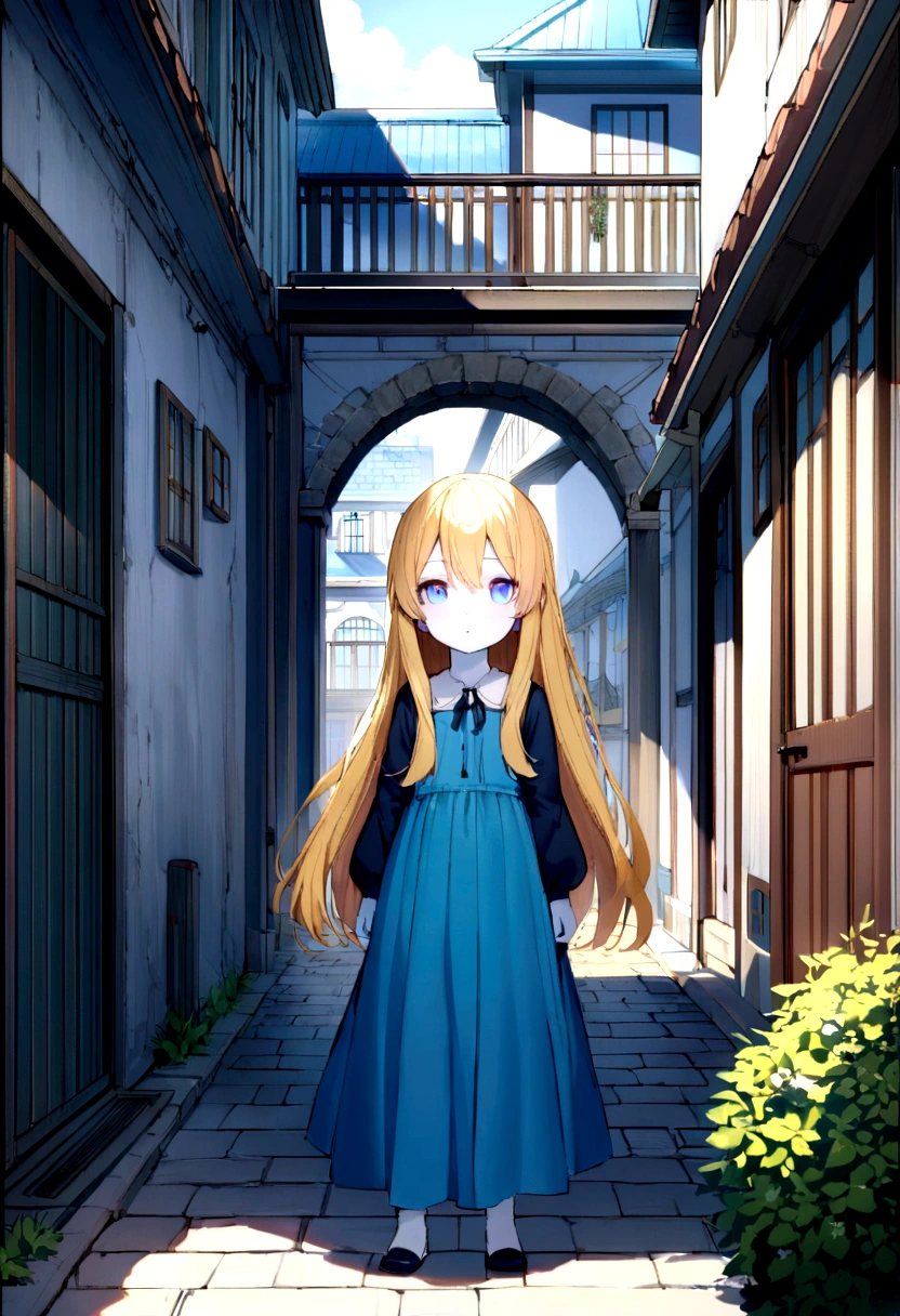 ( girl) (witheout panties)beautiful vagina exposed (hair blonde) (blue colored eyes) (pale skin), whole body, baby face, sirl. long hair. ((location: hall, Street, courtyard, gate))