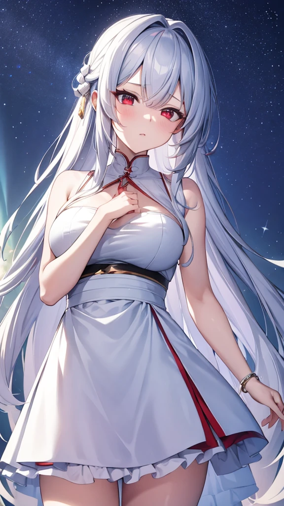 (masterpiece:1.3), (best quality:1.1), (8k, ultra detailed, ultra high res:1.2), ((anime style)), perfect 5 fingers, perfect anatomy, 
1girl,
Kei Karuizawa, 
BREAK long hair, wavy hair, 
white hair, 
red eyes, 
BREAK Slender line dress, white dress, Sleeveless, Sequin, (solid:1.5), 
looking at viewer, 
BREAK cowboy shot, BREAK (detailed background:1.1), outdoor, aurora, at night, Starry Night Sky with Shooting Stars, 