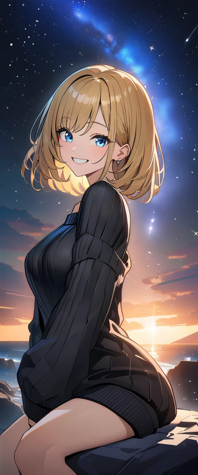 ((grin)), ((off-shoulder sweater:1.3, Quite thick shoulder straps)), ((black sweater)), ((blond hair, bob cut:1.3)), ((sunglasses, hand to sunglasses)), (((from side))), ((((upper body)))), ((Leaning to side)), (((a beautiful starry sky, the Milky Way shining beautifully in the night))), ((sitting on the very high cliff)), wavy hair, inward curled hair, ((sea)), breasts, teenager, (looking at viewer), oversized clothes, puffy long sleeves, collarbone, head tilt:1.3, (((blue eyes))), happy smile, (((anime style))), (best quality, 4K, 8K, highres, masterpiece:1.2, ultra-detailed, ultra-detailed eyes, HDR, uhd, studio lighting, ultra-fine painting, sharp focus, physically-based rendering, extreme detail description, professional, vivid colors, bokeh),tight clothes,medium breast,light glasses,midnight background