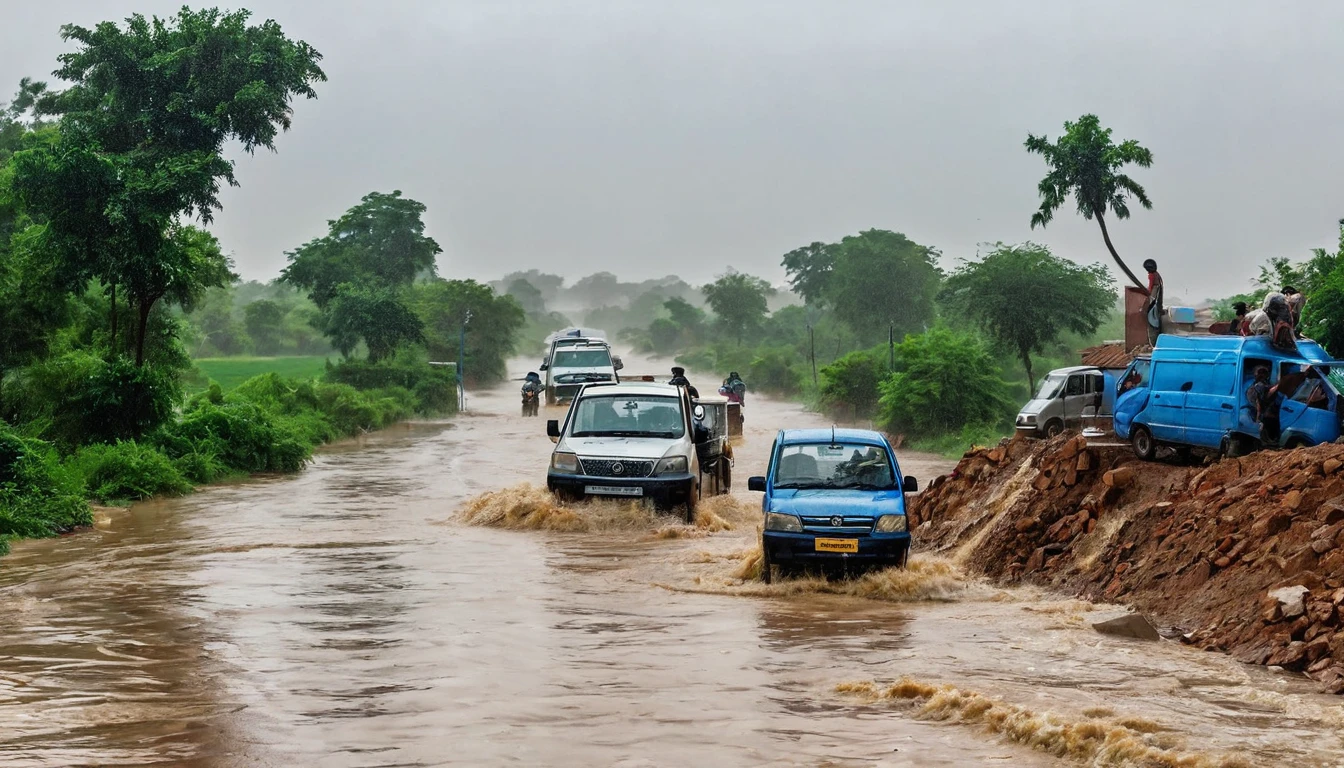 The image depicts a threatening scenario. The situation is terrible. Heavy rain falls with strong winds, caused serious inconvenience, like floods, building collapses and destruction of roads in Rajasthan, india.
