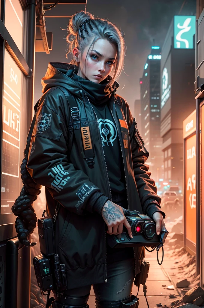 human octopus hybrid, cyberpunk tentacles, The color palette is primarily gray and black with some blue and orange accents. perfect detail, outstanding detail, beautiful detail, masterpiece work of art, heartwarming, full detail, impressive detail, great detail UHD macro image detailed, shot, action, perfect eyes, best quality, extremely sharp focus face, analog fine film grain, post-apocalyptic, cinematic, realistic, trending art station, helicopter, focus, studio photo, details, intricate, busy, raw, 64k, isom.