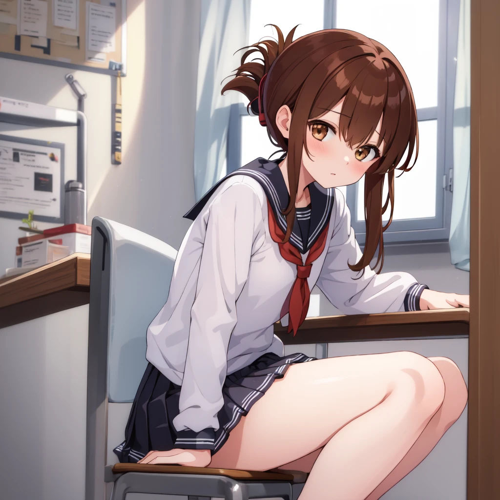 (masterpiece, best quality:1.2),illustration,8k,hd,1girl,solo,upper body,(portrait:1.2),brown_hair,folded_ponytail,brown_eyes,serafuku,long_hair,school_uniform,skirt,pleated_skirt,