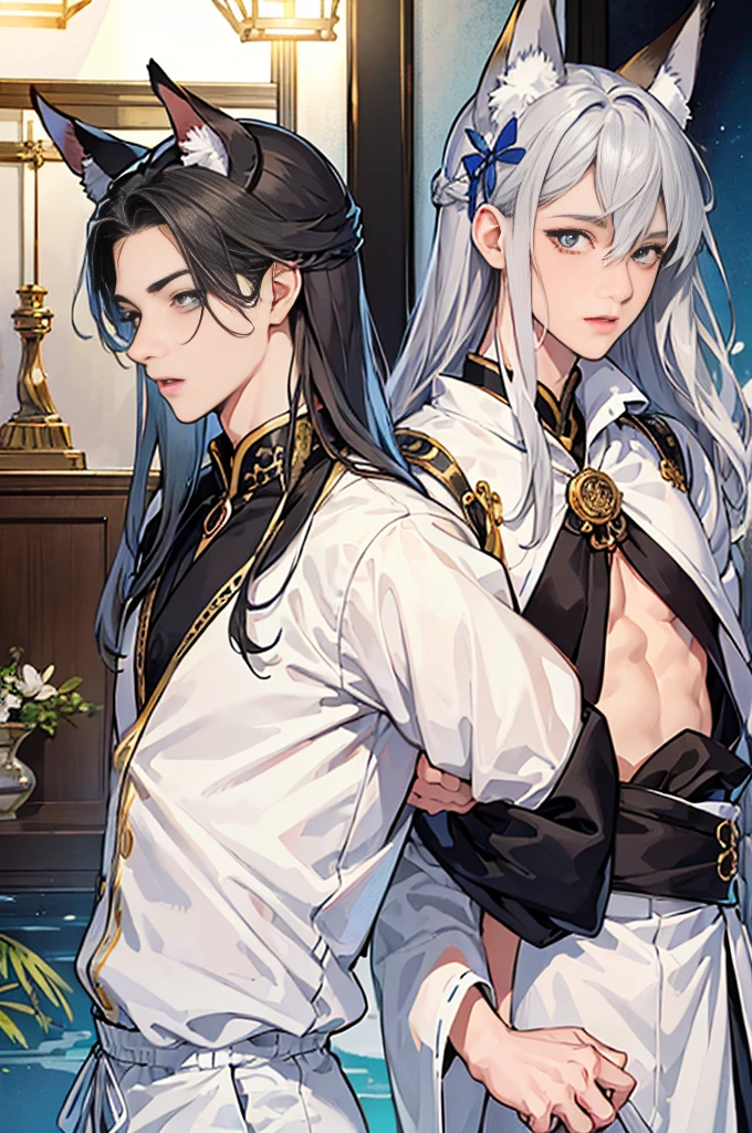 beautiful eyes,{best quality}, {very aesthetic}, {ultra-detailed}, {best illustration}, {{2boys}}, beautiful eyes,bl, Boys love,Two sexy boys,(Fox ears),open mouth,((otoko no ko)),(silver long hair)