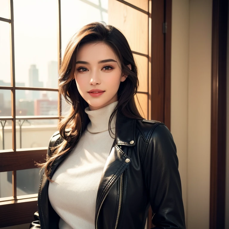 a beautiful young woman in a casual outfit, lady bikers, detailed face, alluring eyes, full lips, large bust, turtle neck t-shirt, leather jacket, outdoor date setting, soft lighting, warm colors, (best quality,4k,8k,highres,masterpiece:1.2),ultra-detailed,(realistic,photorealistic,photo-realistic:1.37),cinematic,beautiful detailed eyes,beautiful detailed lips,extremely detailed face and eyes,long eyelashes,intricate clothing textures,elegant posing,warm smile,romantic atmosphere