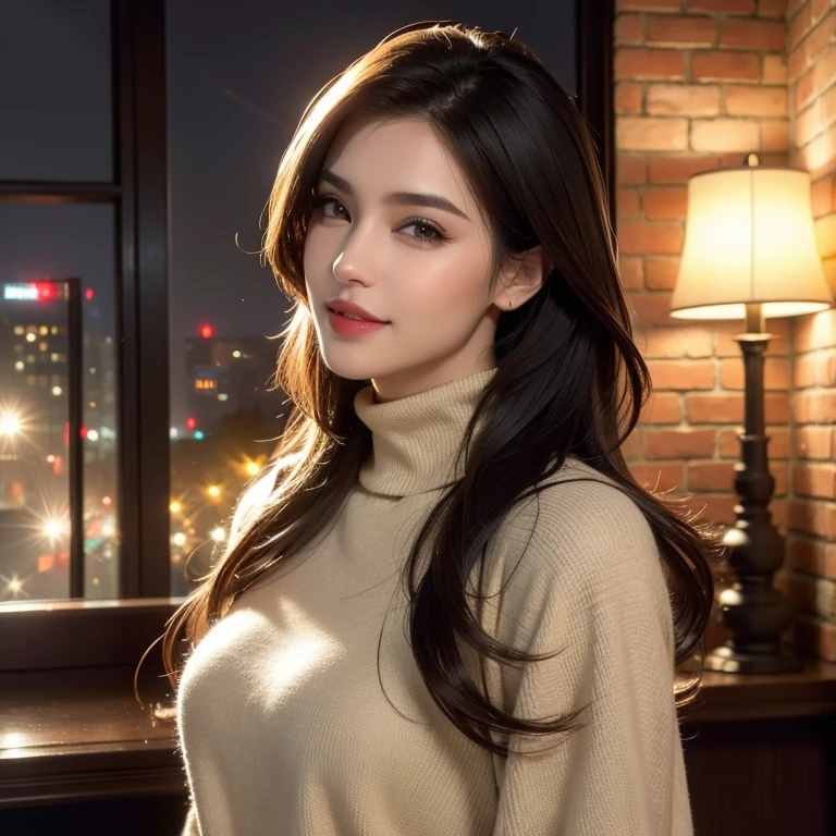 a beautiful young woman in a casual outfit, lady bikers, detailed face, alluring eyes, full lips, large bust, turtle neck t-shirt, leather jacket, outdoor date setting, soft lighting, warm colors, (best quality,4k,8k,highres,masterpiece:1.2),ultra-detailed,(realistic,photorealistic,photo-realistic:1.37),cinematic,beautiful detailed eyes,beautiful detailed lips,extremely detailed face and eyes,long eyelashes,intricate clothing textures,elegant posing,warm smile,romantic atmosphere