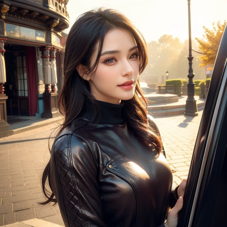 a beautiful young woman in a casual outfit, lady bikers, detailed face, alluring eyes, full lips, large bust, turtle neck t-shirt, leather jacket, outdoor date setting, soft lighting, warm colors, (best quality,4k,8k,highres,masterpiece:1.2),ultra-detailed,(realistic,photorealistic,photo-realistic:1.37),cinematic,beautiful detailed eyes,beautiful detailed lips,extremely detailed face and eyes,long eyelashes,intricate clothing textures,elegant posing,warm smile,romantic atmosphere
