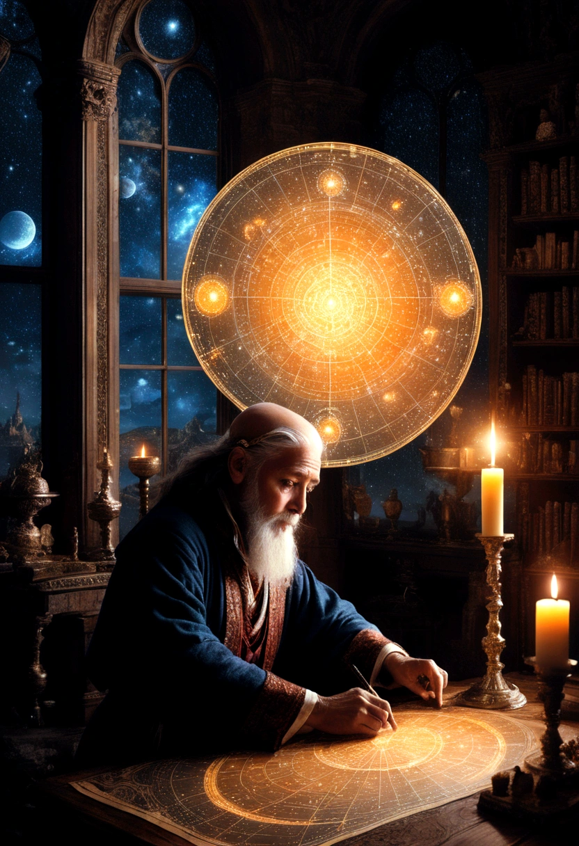 1boy, Astrologer, MAGIC: Ancient WIZARD reading a Map of the Constellations, telescope, candles, on a table, Epic cinematic brilliant stunning intricate meticulously detailed dramatic atmospheric maximalist digital matte painting, masterpiece, best quality, very aesthetic, absurdres