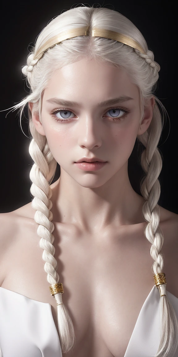 best quality, masterpiece,white hair, gold eyes,white clothes, looking up, upper body,hair strand,Fair skin,side braids