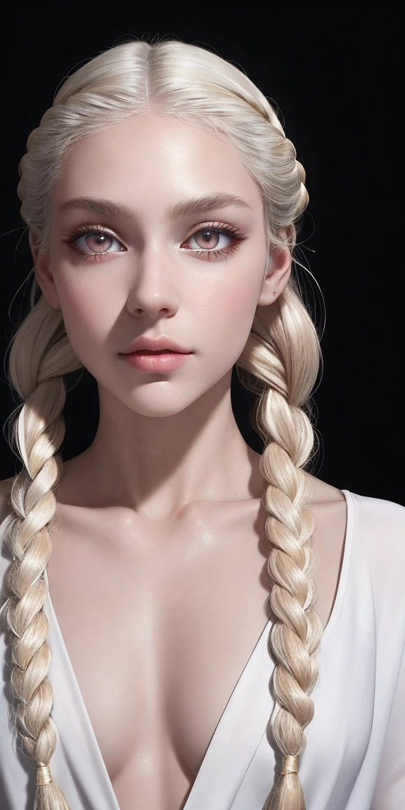 best quality, masterpiece,white hair, gold eyes,white clothes, looking up, upper body,hair strand,Fair skin,side braids