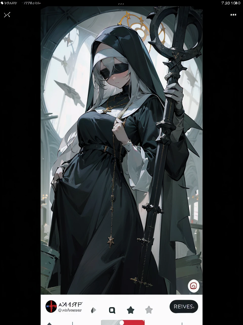 a nun with a blindfold and a modest black church nun outfit, with some silver jewelry, she also wears a long see through veil on her head, with a faded sliver star shaped halo at the back, she is holding her hands together symbolizing a prayer gesture.