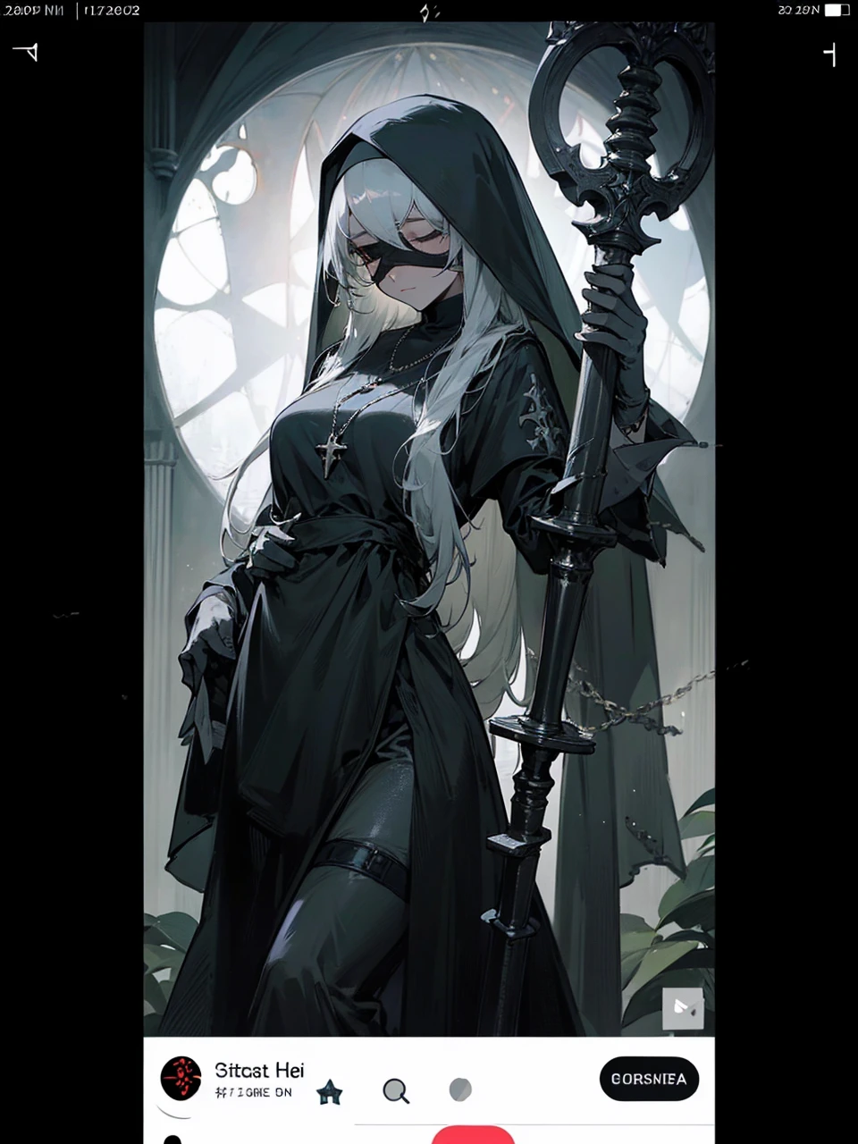 a nun with a blindfold and a modest black church nun outfit, with some silver jewelry, she also wears a long see through veil on her head, with a faded sliver star shaped halo at the back, she is holding her hands together symbolizing a prayer gesture.