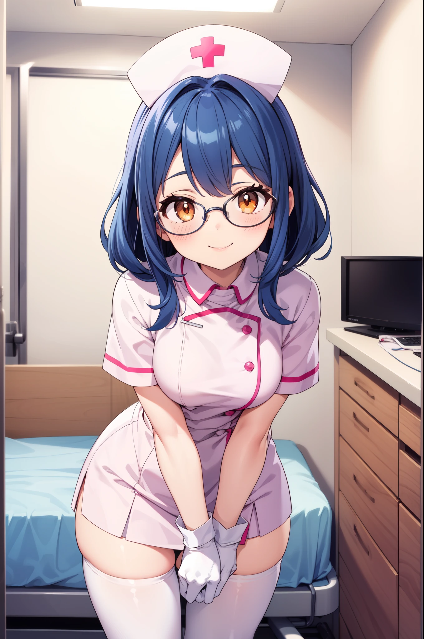 1girl, solo, nurse, nurse cap, white nurse uniform, ((white legwear, zettai ryouiki)), white gloves, glasses, blue hair, orange eyes, smile, standing, ((hospital room)), sharp outline, short sleeves, best quality, masterpiece