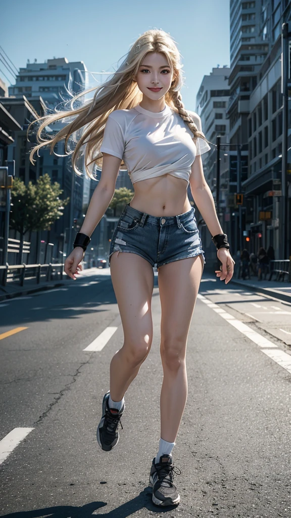 (8K,original photo,Top quality,masterpiece:1.2),(Realityism,Reality:1.37),Ultra Detailed,Ultra-high resolution,Highway background, the highway,Many Bullet special effects,Bullet special effects,Bullets are firing,Fire,Bullet firing,Suburban highway,Wearing a white short-sleeved shirt,Bare belly,Blue denim super shorts,Hourglass figure,Wear black tactical gloves,sports shoes,blond,blond hair,Girl with two braids,Close-up of a man lying on the highway,Jump into the air,jumping in the air,Jumping action,Full body close-up,Fighting Stance,Holding a gun,Aim forward,Target your audience,Holding a gun,pistol,Bullet special effects,Full body close-up,Bullet special effects,Smile,White skin,Extremely beautiful face,Dynamic Angle,Dynamic Lighting