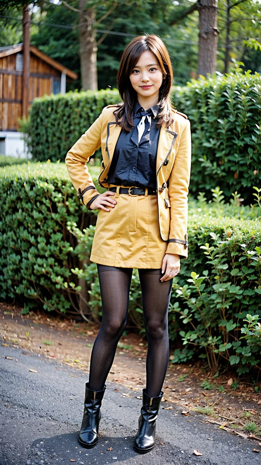 (8K、RAW Photos、Highest quality、masterpiece:1.2)、(Realistic、Realistic)、1 Girl、((Yellow mini skirt、dress、See-through、smile、black、Thin legs、whole body、boots、one piece、garden、View from the front、Looking into the camera、belt、Stand with hands on hips))、cute