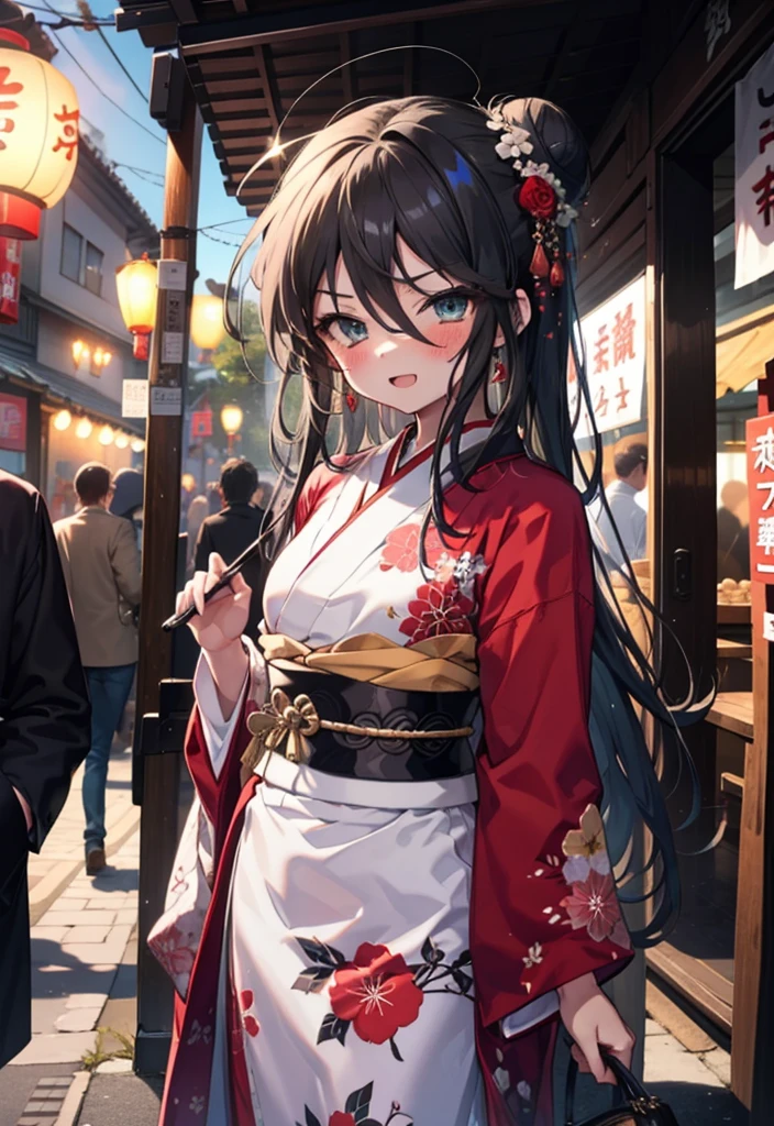 Shana,灼眼のShana,Long Hair, A girl with long red hair and red eyes,Ahoge,smile,blush,Open your mouth,Hair Bun, single Hair Bun,blush,Red Kimono,Thick sleeves,Red long skirt,日本のfestival,夏festivalの屋台,Red lantern,So that the whole body goes into the illustration,Walking, break looking at viewer, Upper Body (Cowboy Shot:1. 5), break outdoors, shrine,festival, break (masterpiece:1.2), Highest quality, High resolution, unity 8k wallpaper, (shape:0.8), (Beautiful and beautiful eyes:1.6), Highly detailed face, Perfect lighting, Highly detailed CG, (Perfect hands, Perfect Anatomy),