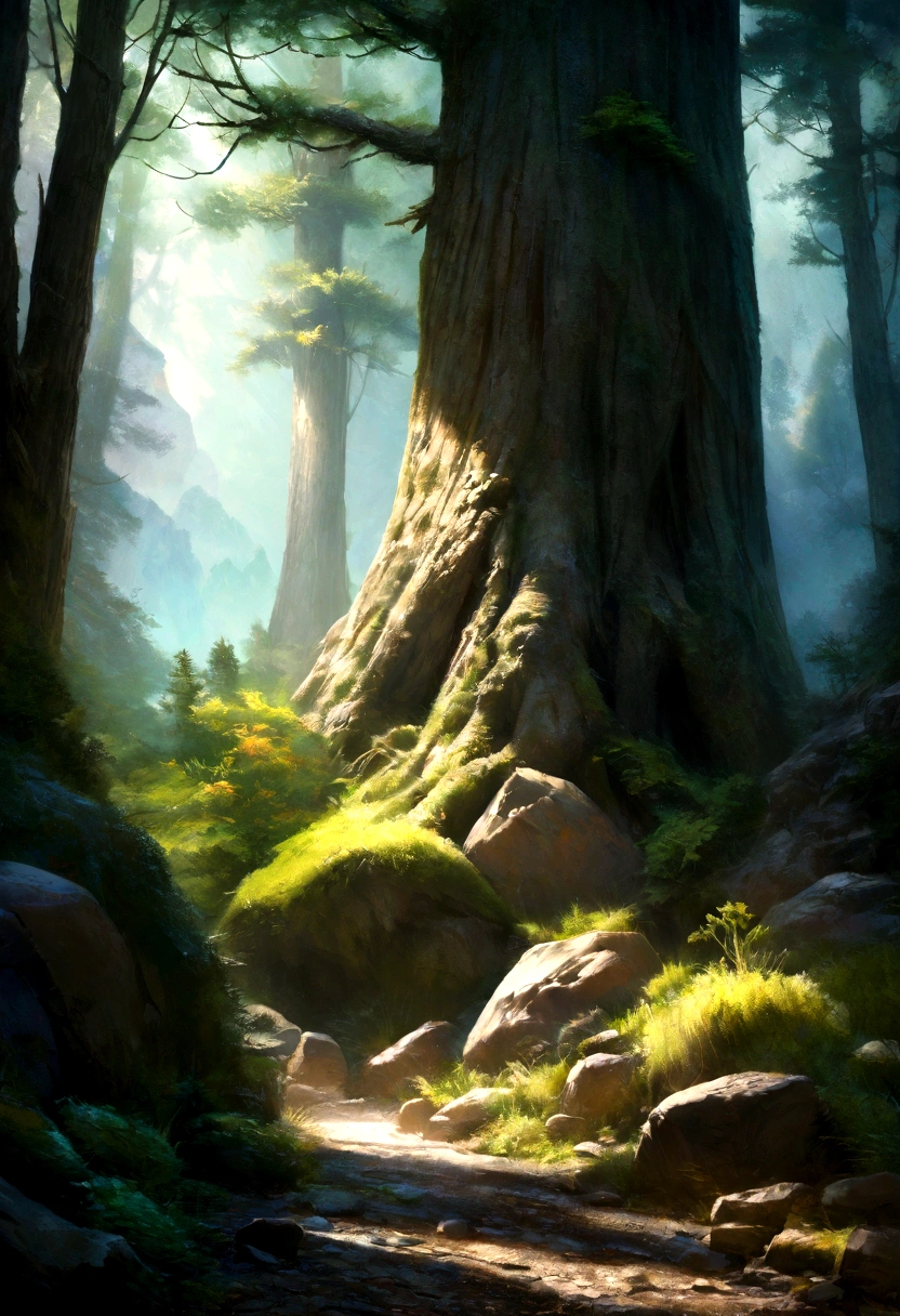 ((Highest quality)), (detailed), landscape、photograph、Realistic、forest、Rough Stone、At the foot of the tree