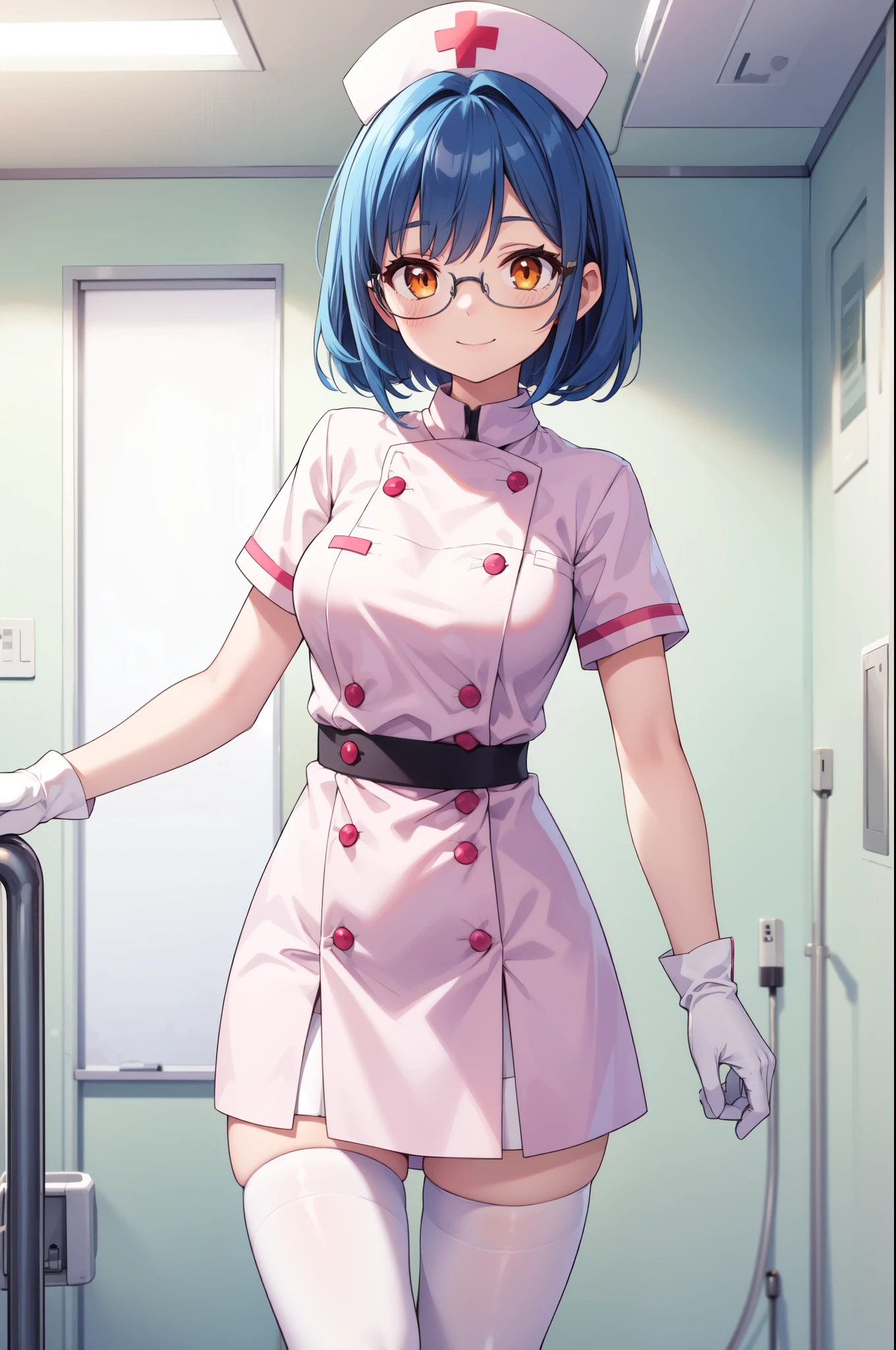 1girl, solo, nurse, nurse cap, white nurse uniform, ((white legwear, zettai ryouiki)), white gloves, glasses, blue hair, orange eyes, smile, standing, ((hospital room)), sharp outline, short sleeves, best quality, masterpiece