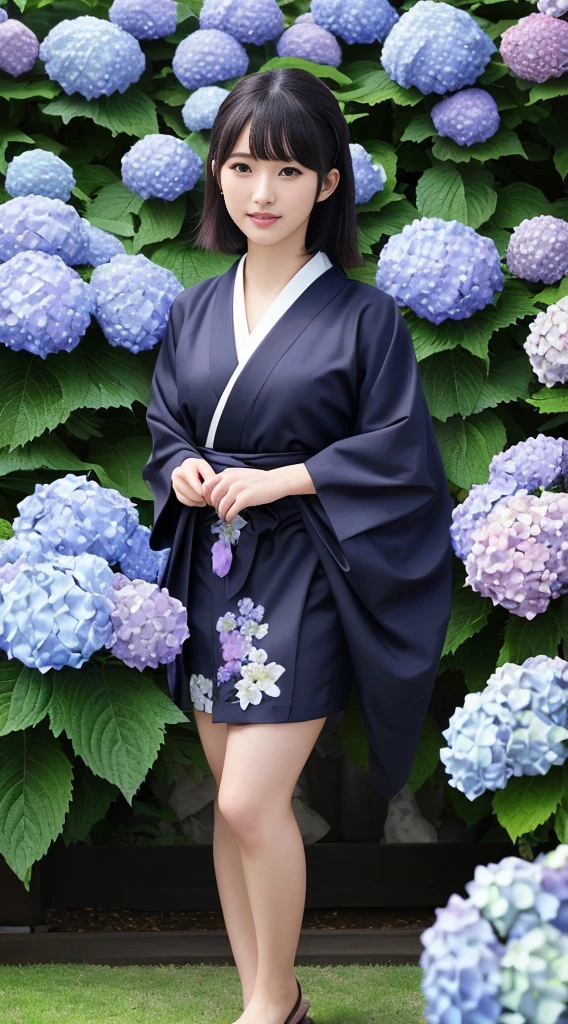 最high quality、high quality、Best image quality、8K、最High resolution、High resolution、最high quality、masterpiece、RAW Photos、whole body photos、Detailed and realistic human body、Detailed and realistic skin、Realistic face in every detail、Detailed and realistic eyes、Detailed and realistic lips、Detailed and realistic teeth、Detailed and realistic ears、Detailed and realistic hair、Detailed and realistic weapons、Realistic reproduction of every detail、Realistic fingers in every detail、(Beautiful Hands、thumb1reference4)、Realistic feet down to the last detail、((Beautiful Japanese Girl))、(Japanese Model)、((18 year old beautiful girl))、(Black Hair)、(Straight hair)、((whole body))、(Slim and perfect figure)、(whole body glossy skin、Fair skin)、Detailed and realistic human body、Detailed and realistic skin、Realistic face in every detail、Detailed and realistic weapons、Realistic fingers in every detail、Detailed realistic feet、Soft natural light、(Maiko-san、geisha、kimono、Long-sleeved kimono、yukata、Japanese tradition、Samurai Residence、Japanese garden、A 360-degree field of hydrangea flowers、((Colorful floral pattern(Short kimono))、((Standing in the middle of a hydrangea field(A girl surrounded by hydrangeas 360 degrees))、Poses to make your thighs look beautiful