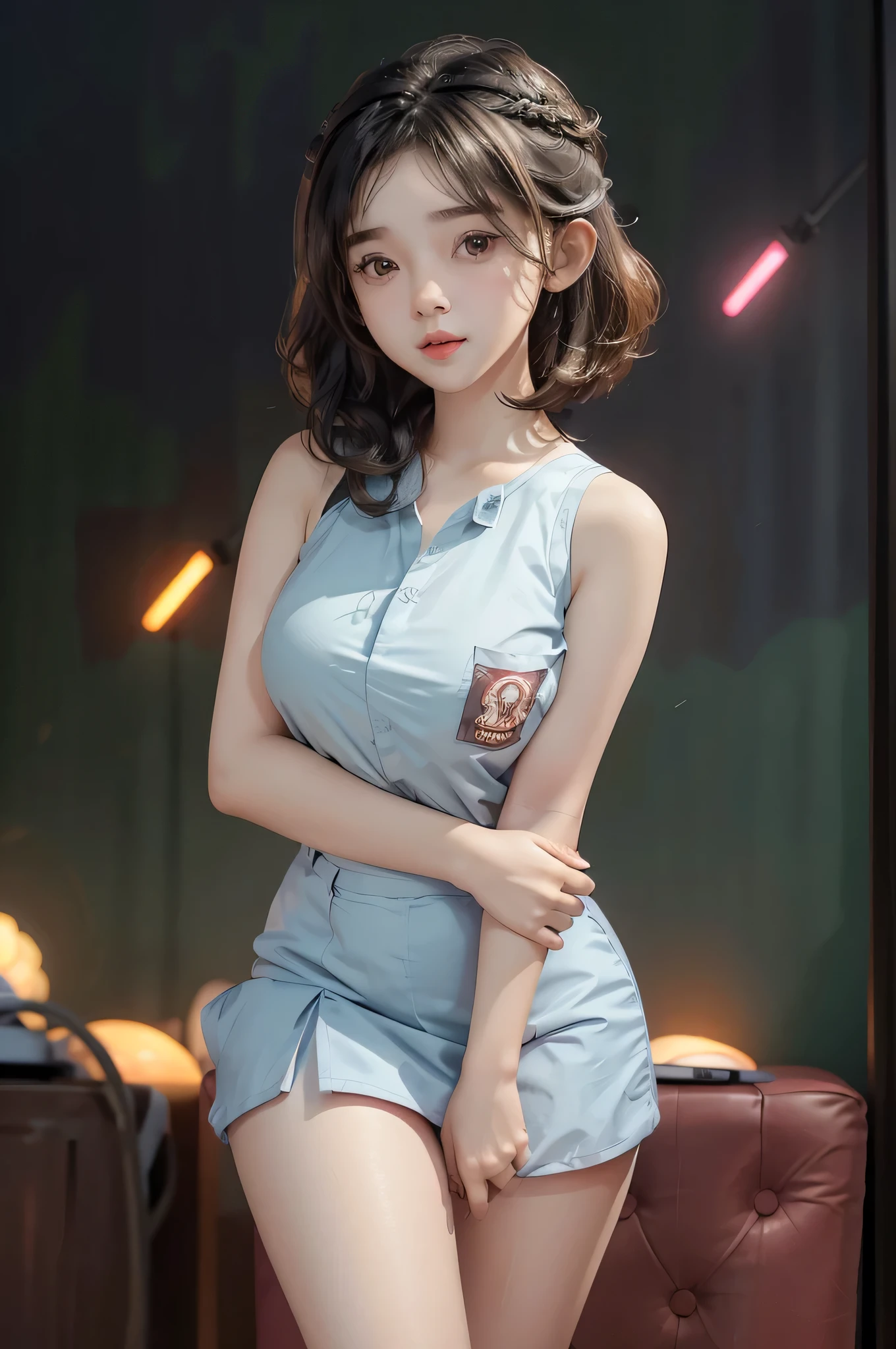 RAW, Best quality, high resolution, masterpiece: 1.3), Beautiful young indonesian girl with short wavy hair, showing one , big , sex pose, showing vagina, open legs showing vagina, porn, dildo on vagina, sensual body, muscular body, on the stage of a nightspot  ((senior high school clothes)), orgasm, highres, 4k, HDR, 1girl, photorealistic, realistic, big breasts, short wavy hair, ((whole body)) turning away facial at viewer, closeup, public clubbing background