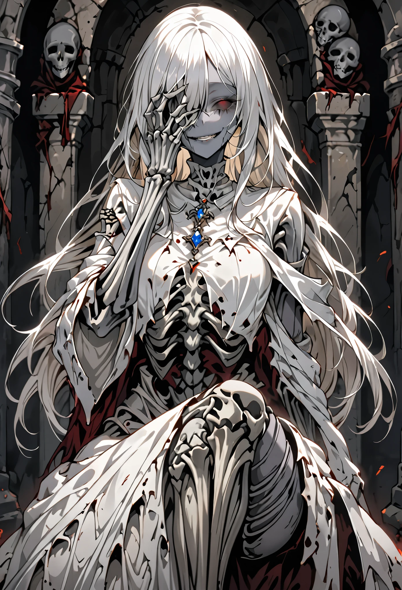 solo, female, grey skin, long white hair, silver brooch, dry body:1.2, empty sockets:1.5, no eyes, decayed body, SFW, smile, curtsey pose, dressed in rags, graceful, ancient, crypt, close up, her skeleton is visible through her skin:0.6, gore, bangs covering eyes, flaking skin