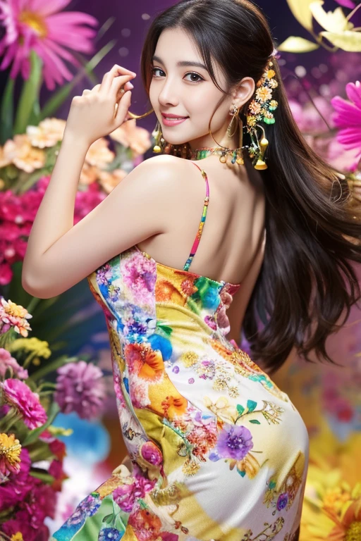 (masterpiece、highest quality、highest quality、official art、beautiful beautiful:1.2)、(1 girl:1.3)、smile gently、very detailed、(fractal art:1.1)、(colorful:1.1)(Floral:1.3)、most detailed、(tangled:1.2)、beautiful face、detailed face、perfect proportions、burst chest、big breasts thin waist、belly button、big ass、gap between crotches、thick tight、(dynamic pose)、(abstract background:1.3)、(qipao dress:1.2)、(shiny skin)、(lots of colors:1.4)、、(earrings:1.4)、1 female