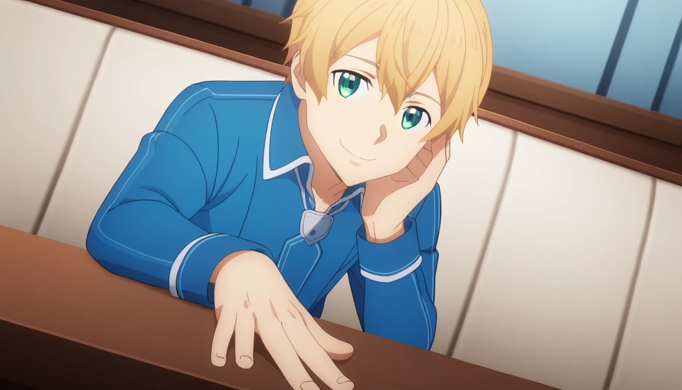 score_9,  eugeo, 1boy, bangs, deepblue hoodie, blue overcoat, blonde hair, blue eyes, smile, eugeo, green eyes, long sleeves, hand on own cheek, looking at viewer, male focus, blue pants, solo