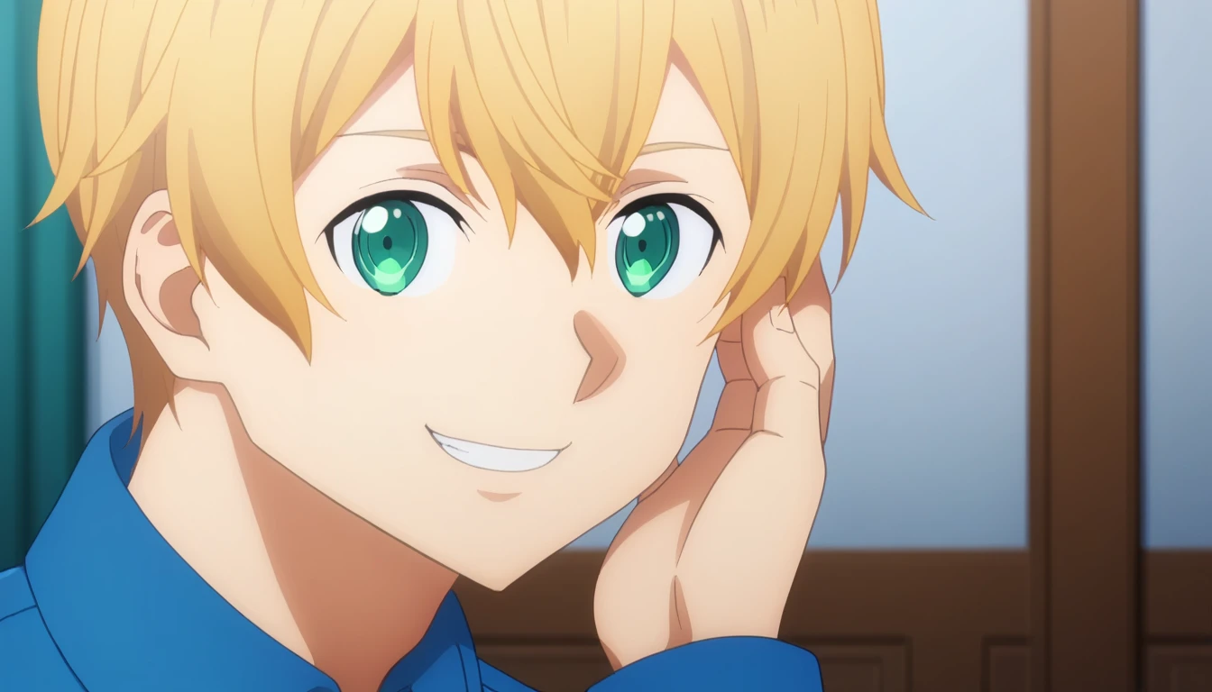 score_9,  eugeo, 1boy, bangs, deepblue hoodie, blue overcoat, blonde hair, blue eyes, smile, eugeo, green eyes, long sleeves, hand on own cheek, looking at viewer, male focus, blue pants, solo