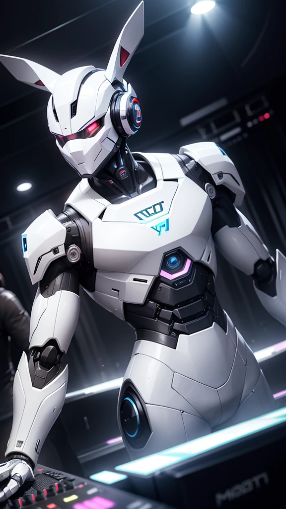 robot rabbit, White color, male gender, portrait photo style, non-human, in a club, like a dj