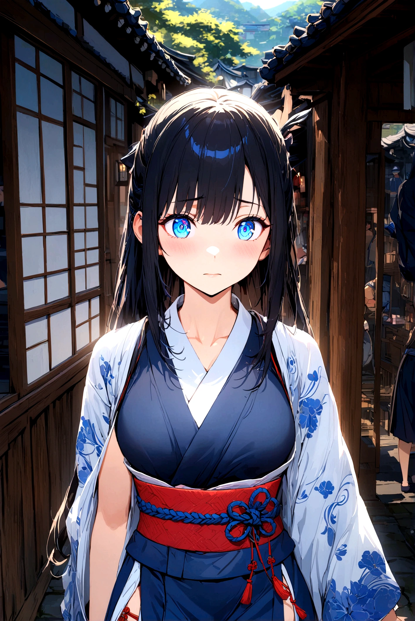 a beautiful anime girl, 1girl, long black hair with blue highlights, medium breasts, wearing a black and blue female samurai kimono, katana sheathed under her belt, looking shy, walking in a traditional japanese village, detailed face, detailed eyes, detailed hair, detailed clothes, detailed environment, digital art, highly detailed, intricate details, vibrant colors, dynamic lighting, cinematic composition, masterpiece