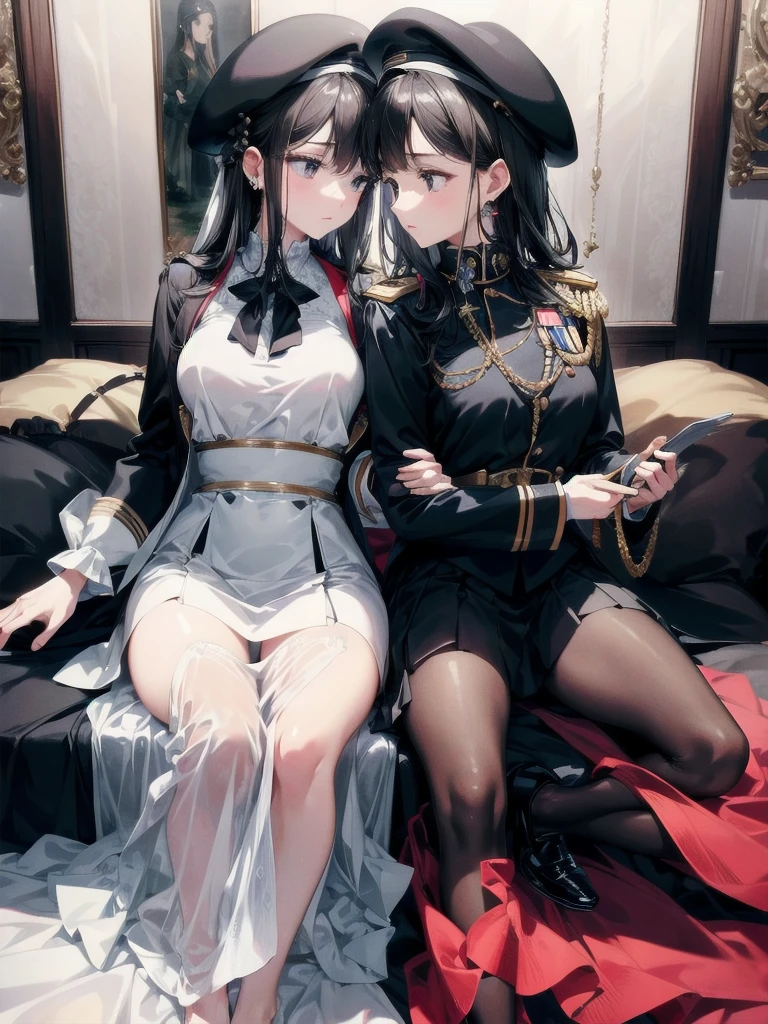 absurdres, RAW photo, extremely delicate and beautiful, masterpiece, Best Quality, ultra high resolution, 32k, hyperrealistic, ultra-detailed, delicate facial features, beautiful detailed woman, tearful mole, earring, medium breasts, full body shot, medium hair, black hair, 2 girls, yuri, beret, skirt, military uniform,