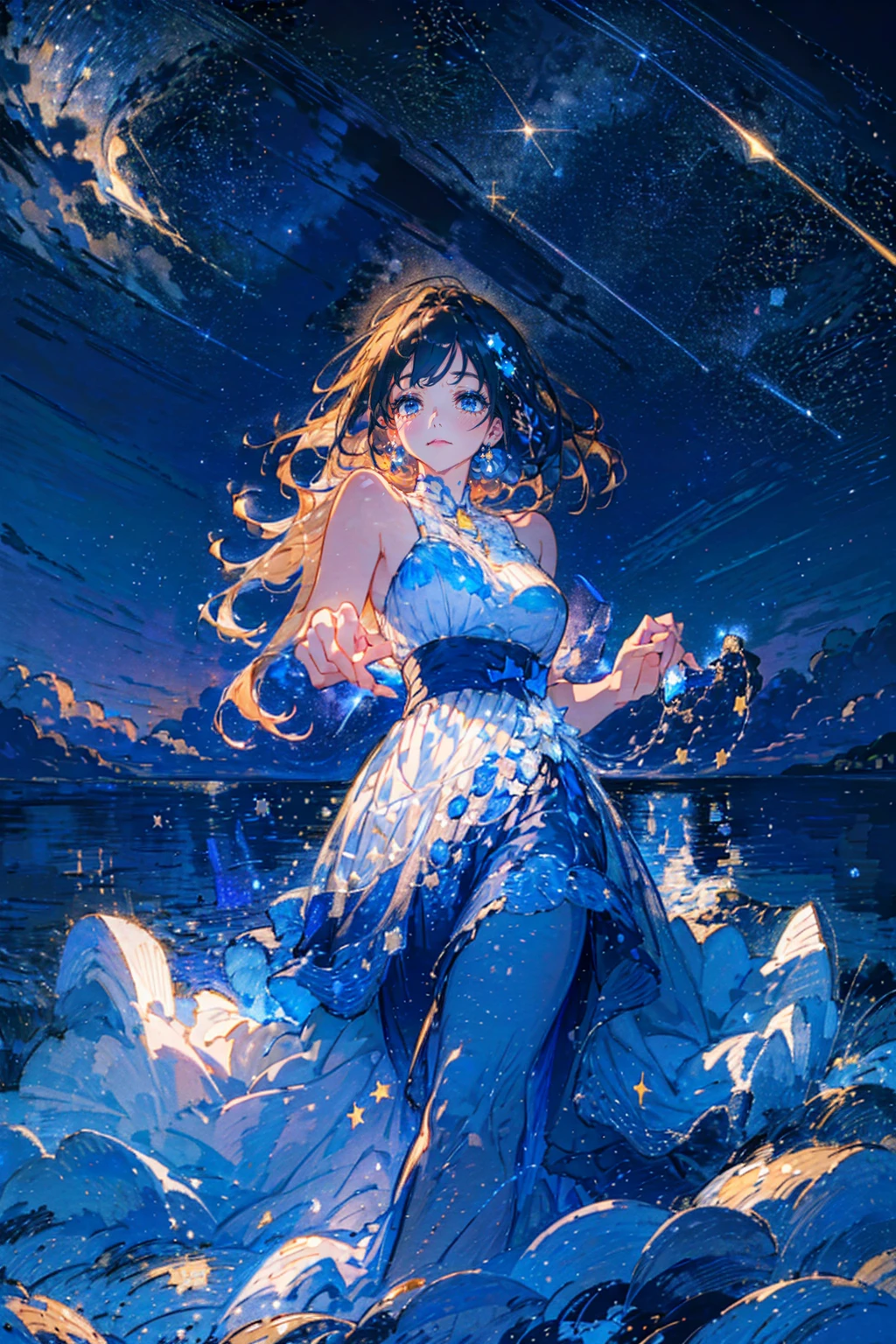 8K,high resolution,One beautiful girl,alone,nice,Perfect Face, Place your hand on your chest,Perfect Fingers,look up,She is looking at the sky,Starry Night,Starry Night,Low - Angle,Bright Eyes,Fleeting Face,Fantastic Background,Beautiful sky
