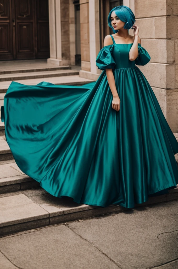 A girl with his blue hair wear a green gown 
