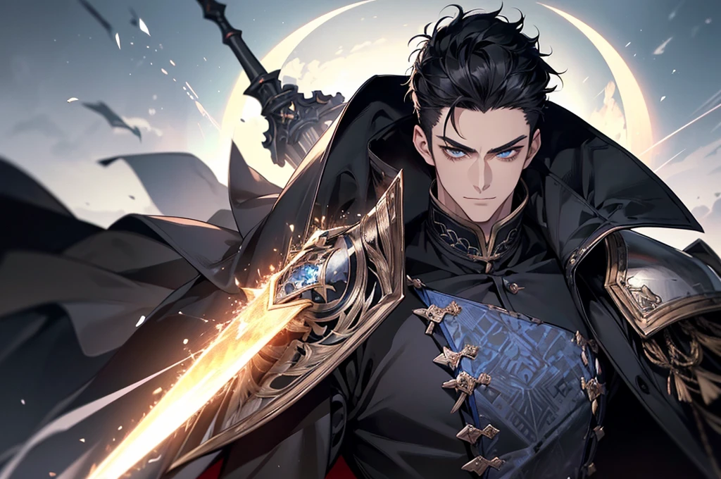 There was a knight up there., Masterpiece, Highest quality, war, cold weather, realistic, 1 person, mature man, A quiet and charming young man., 30 years old, Portrait, Highly detailed face, cool and smile, ((blue eyes)), ((black short hair)), [Thick eyebrows], holding a weapon (Crescent repeater),Lipo,Fang Tian Hua Ji, ((black long coat)), ((all black)), (blue eyes) ,Short Black Quiff Hair with Soft Fringe, handsome , muscle, Facial expressions, black knight armor ,Fang Tian Hua Ji, black wool shawl(Masterpiece,best quality,special, (Broad shoulders)) (muscle), focus man,holding a spear to pierce the sky, His black spear rose.., . Describe the man.&#39;Appearance., Details of his sword, Characteristics and characteristics of monsters, and convey the tension and power of the encounter..."