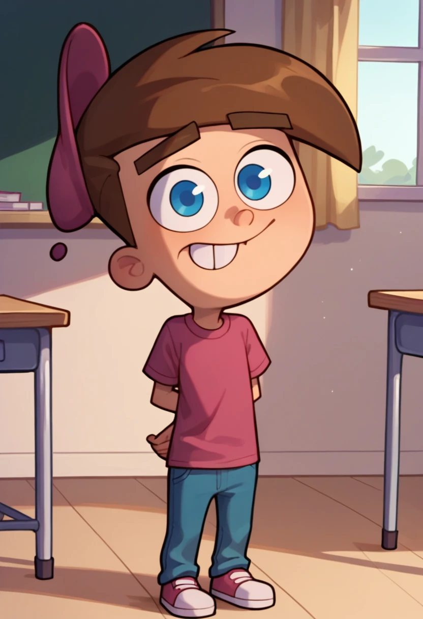 Score_9_up, score_8_up, score_7_up, 1boy, solo, timmytfp, pink shirt, brown hair, blue eyes, pink hat, teeth, blue pants, hands behind back, smiling, classroom, Expressiveh