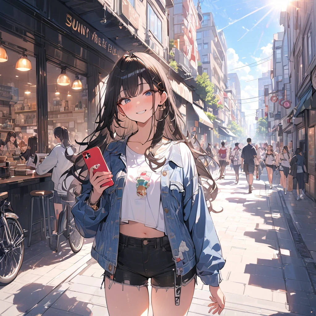(masterpiece:1.5), highest quality, Super detailed, very detailed, exquisite, 16k, Full HD, very aesthetic, absurdres, anime style, 1girl, high school girl, beautiful, female, super sexy girl, 18 years old, long black straight hair, joyful smile, trendy casual fashion, denim jacket, white T-shirt, shorts, sneakers, holding smartphone, taking, busy street with cafes and boutiques, sunny afternoon, bright sunlight on girl's face, soft shadows, people and bicycles in the background, blue sky and tall buildings in the distance, sharp focus on subject, vivid colors, cheerful and lively atmosphere, warm sunlight feel