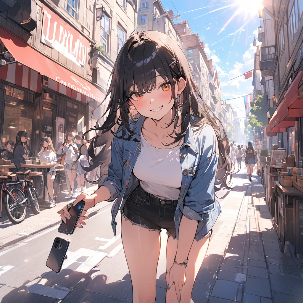 (masterpiece:1.5), highest quality, Super detailed, very detailed, exquisite, 16k, Full HD, very aesthetic, absurdres, anime style, 1girl, high school girl, beautiful, female, super sexy girl, 18 years old, long black straight hair, joyful smile, trendy casual fashion, denim jacket, white T-shirt, shorts, sneakers, holding smartphone, taking, busy street with cafes and boutiques, sunny afternoon, bright sunlight on girl's face, soft shadows, people and bicycles in the background, blue sky and tall buildings in the distance, sharp focus on subject, vivid colors, cheerful and lively atmosphere, warm sunlight feel