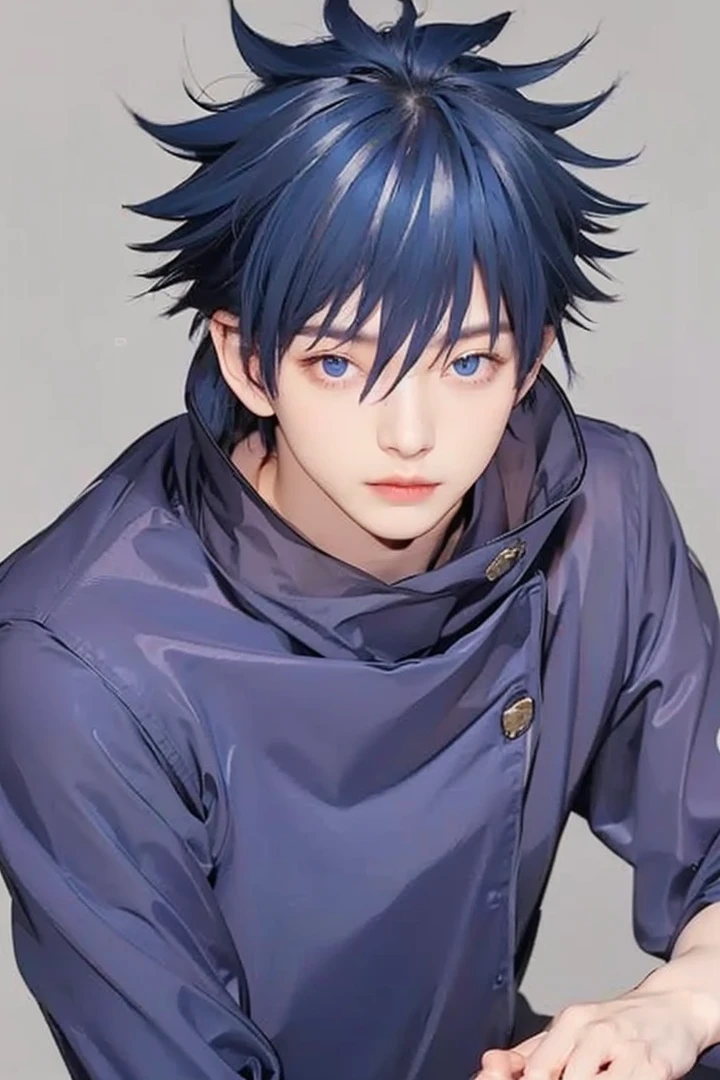 Handsome boy, dark blue hair, dark blue eyes, wearing dark blue turtle neck suit
