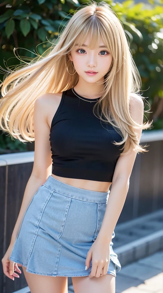 A sexy 17-year-old with dazzling shiny hair, cute and sexy little beautiful face、Complete beauty、Glowing hair dancing in front of cute face、long silky shiny bangs that cover the eyes、Shining dark blonde hair that covers her face、Super long dark blonde hair、Sexy cute young woman、glowy skin、Gloss Face、Teak Gloss、Small face beauty、very big eye expression、small full breasts、student clotheini skirt、whole body portrait